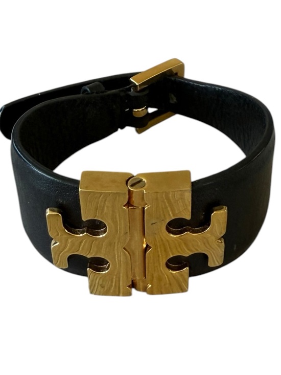 Tory Burch Jewelry - Tory Burch Black Leather Bracelet with Gold Logo Buckle